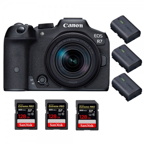 Canon EOS R7 + RF-S 18-150mm STM + 3 SanDisk 128GB Extreme PRO UHS-II SDXC 300 MB/s + 3 Canon LP-E6NH - Cámara mirrorless|MCZ DIRECT