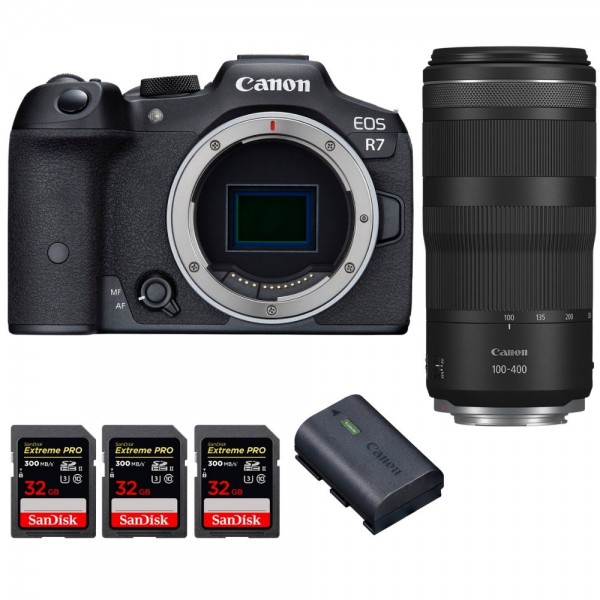 Canon EOS R7 + RF 100-400mm IS + 3 SanDisk 32GB Extreme PRO UHS-II SDXC 300 MB/s + 1 Canon LP-E6NH - Appareil Photo Hybride|MCZ DIRECT