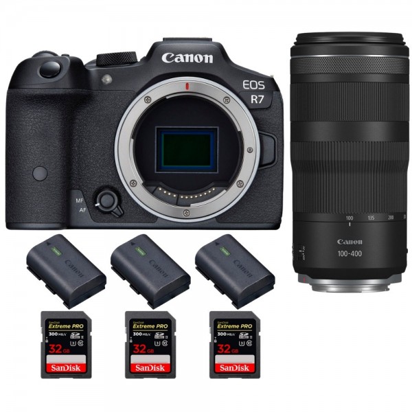 Canon EOS R7 + RF 100-400mm IS + 3 SanDisk 32GB Extreme PRO UHS-II SDXC 300 MB/s + 3 Canon LP-E6NH - Appareil Photo Hybride|MCZ DIRECT