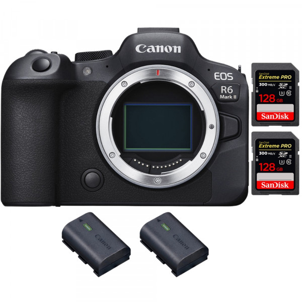 Canon EOS R6 Mark II + 2 SanDisk 128GB Extreme PRO UHS-II 300 MB/s + 2  Canon LP-E6NH - Full Frame Mirrorless Camera
