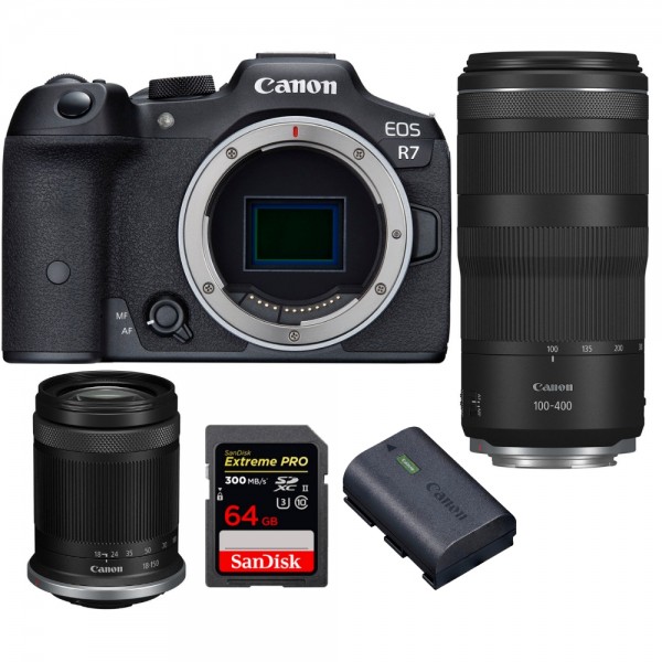 Canon EOS R7 + RF-S 18-150mm IS STM + RF 100-400mm IS USM + 1 SanDisk 64GB Extreme PRO UHS-II SDXC 300 MB/s + 1 Canon LP-E6NH-1