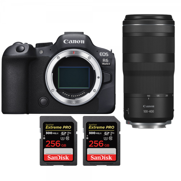 Canon EOS R6 Mark II + RF 100-400mm f/5.6-8 IS USM + 2 SanDisk 256GB Extreme PRO UHS-II SDXC 300 MB/s Canon Canon EOS R6 Mark II €2,677.00 MCZ DIRECT