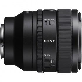 Sony FE 50mm F1.4 GM lens side view showing focus ring and Iris Lock switch