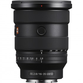 Objectif Sony FE 16-35mm f/2.8 GM II avec monture E, vue de face, échelle de focales visible, design moderne Objectif Sony FE 16-35mm f/2.8 GM II avec monture E, vue de face, échelle de focales visible, design moderne