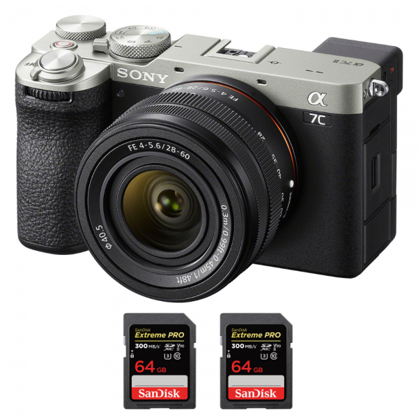 Sony A7C II Silver + FE 28-60mm f/4-5.6 + 2 SanDisk 64GB Extreme PRO UHS-II SDXC 300 MB/s - Appareil Photo Hybride|MCZ DIRECT