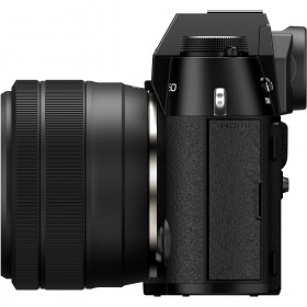 Fujifilm X-T50 black camera with 15-45mm lens, profile view showcasing buttons and HDMI port