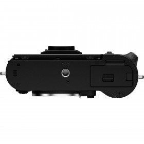 Vue de dessus du Fujifilm X-T50 Noir Nu avec monture X et batterie visible