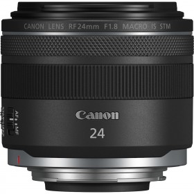 Lente Canon RF 24mm F1.8 Macro IS STM, vista frontal con detalles de la montura RF y controles