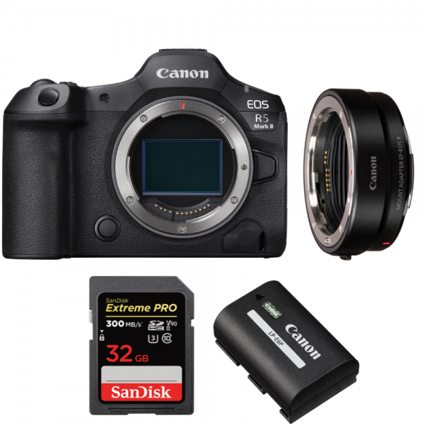 Canon EOS R5 Mark II + EF-EOS R + 1 SanDisk 32GB Extreme PRO UHS-II SDXC 300 MB/s + 1 Canon LP-E6P