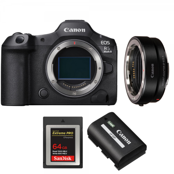 Canon EOS R5 Mark II + EF-EOS R + 1 SanDisk 64GB Extreme PRO CFexpress Type B + 1 Canon LP-E6P