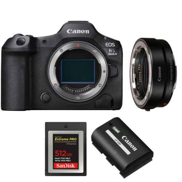 Canon EOS R5 Mark II + EF-EOS R + 1 SanDisk 512GB Extreme PRO CFexpress Type B + 1 Canon LP-E6P