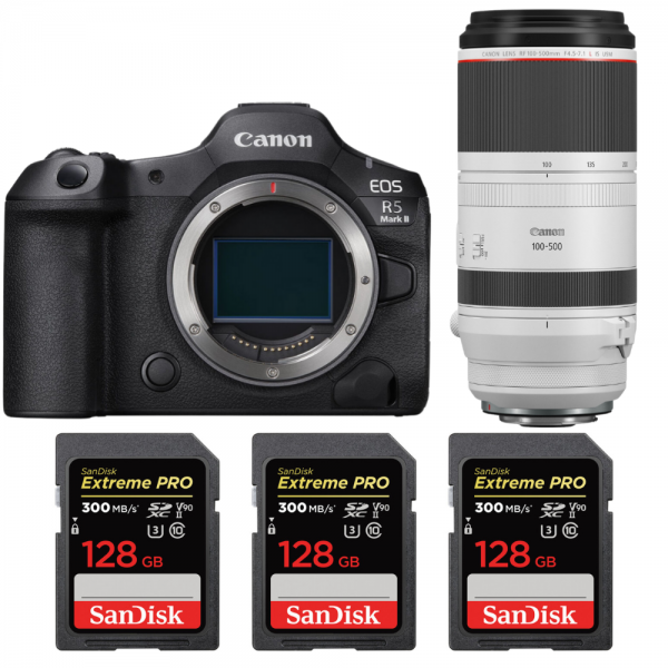 Canon EOS R5 Mark II + RF 100-500mm f/4.5-7.1 L IS USM + 3 SanDisk 128GB Extreme PRO UHS-II SDXC 300 MB/s Canon MIRRORLESS CAMERAS €5,669.00 MCZ DIRECT