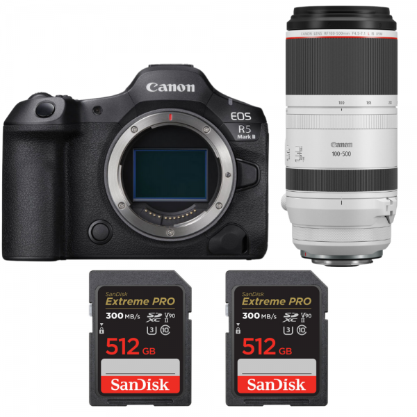 Canon EOS R5 Mark II + RF 100-500mm f/4.5-7.1 L IS USM + 2 SanDisk 512GB Extreme PRO UHS-II SDXC 300 MB/s Canon MIRRORLESS CAMERAS €6,099.00 MCZ DIRECT