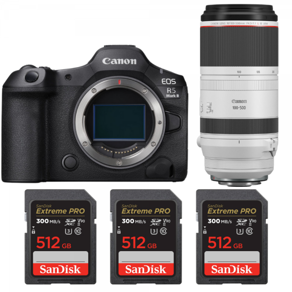 Canon EOS R5 Mark II + RF 100-500mm f/4.5-7.1 L IS USM + 3 SanDisk 512GB Extreme PRO UHS-II SDXC 300 MB/s Canon MIRRORLESS CAMERAS €6,573.00 MCZ DIRECT