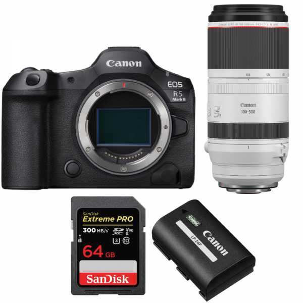 Canon EOS R5 Mark II + RF 100-500mm f/4.5-7.1 L IS USM + 1 SanDisk 64GB Extreme PRO UHS-II SDXC 300 MB/s + 1 Canon LP-E6P Canon CÁMARAS SIN ESPEJO 5.351,00 € MCZ DIRECT