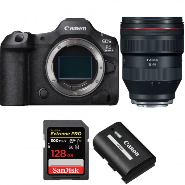 Canon EOS R5 Mark II + RF 28-70mm f/2 L USM + 1 SanDisk 128GB Extreme PRO UHS-II SDXC 300 MB/s + 1 Canon LP-E6P Canon MIRRORLESS CAMERAS €5,637.00 MCZ DIRECT