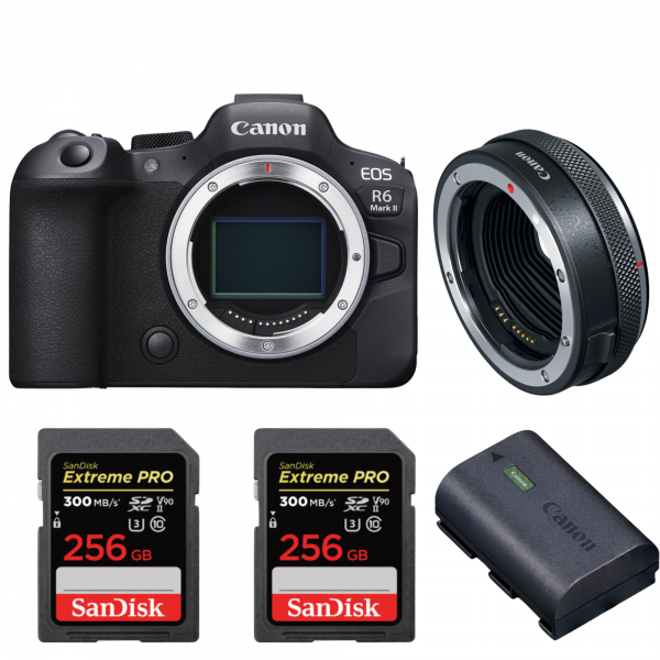 Canon EOS R6 Mark II + Canon EF-EOS R Premium + 2 SanDisk 256 GB Extreme PRO UHS-II SDXC 300 MB/s + 1 Canon LP-E6NH-1