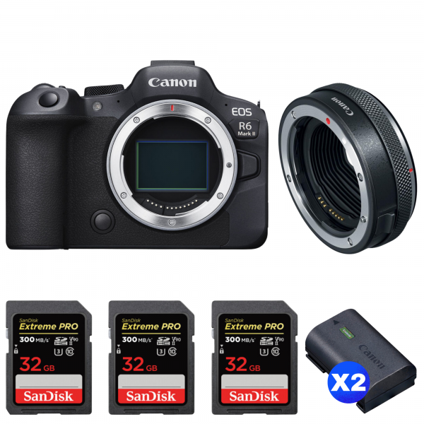 Canon EOS R6 Mark II + Canon EF-EOS R Premium + 3 SanDisk 32GB Extreme PRO UHS-II SDXC 300 MB/s + 2 Canon LP-E6NH-1