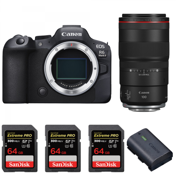 Canon EOS R6 Mark II + RF 100mm f/2.8 L Macro IS USM + 3 SanDisk 64GB Extreme PRO UHS-II SDXC 300 MB/s + 1 Canon LP-E6NH Canon Canon EOS R6 Mark II 3 032,00 € MCZ DIRECT