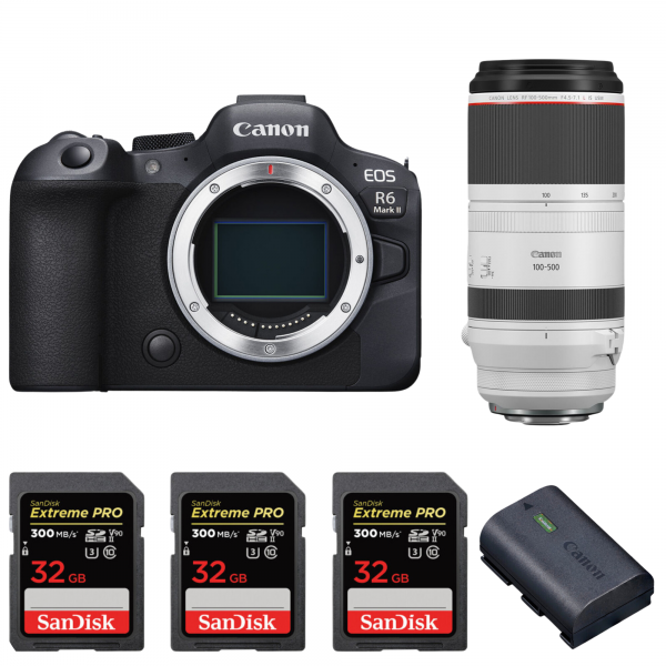 Canon EOS R6 Mark II + RF 100-500mm f/4.5-7.1 L IS USM + 3 SanDisk 32GB Extreme PRO UHS-II SDXC 300 MB/s + 1 Canon LP-E6NH Canon Canon EOS R6 Mark II €4,142.00 MCZ DIRECT