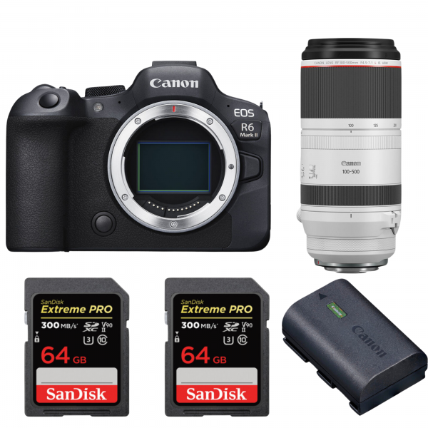Canon EOS R6 Mark II + RF 100-500mm f/4.5-7.1 L IS USM + 2 SanDisk 64GB Extreme PRO UHS-II SDXC 300 MB/s + 1 Canon LP-E6NH Canon Canon EOS R6 Mark II 4.047,00 € MCZ DIRECT