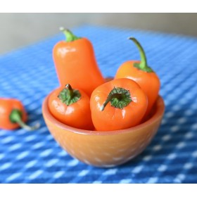 Un cuenco con pimientos naranjas sobre un mantel a cuadros azules, capturado con Nikon Z 35mm f/1.4 Un cuenco con pimientos naranjas sobre un mantel a cuadros azules, capturado con Nikon Z 35mm f/1.4