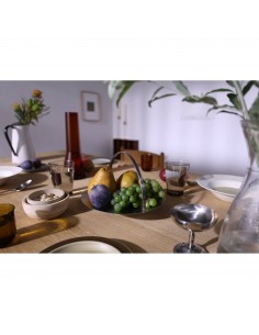 Dining table arranged with fruit, stylish glassware, and decorative elements, captured with Canon RF 16-28mm f/2.8 IS STM Dining table arranged with fruit, stylish glassware, and decorative elements, captured with Canon RF 16-28mm f/2.8 IS STM