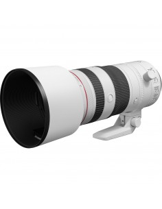 Objectif Canon RF 70-200mm f/2.8 L IS USM Z en blanc, monture RF, bouchon et support visibles