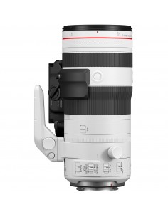 Objectif Canon RF 70-200mm f/2.8 L IS USM Z blanc, vue de côté, avec bague de mise au point et prise pour trépied