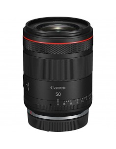 Objetivo Canon RF 50mm f/1.4 L VCM, montura RF, diseño robusto y detalles ópticos visibles Objetivo Canon RF 50mm f/1.4 L VCM, montura RF, diseño robusto y detalles ópticos visibles