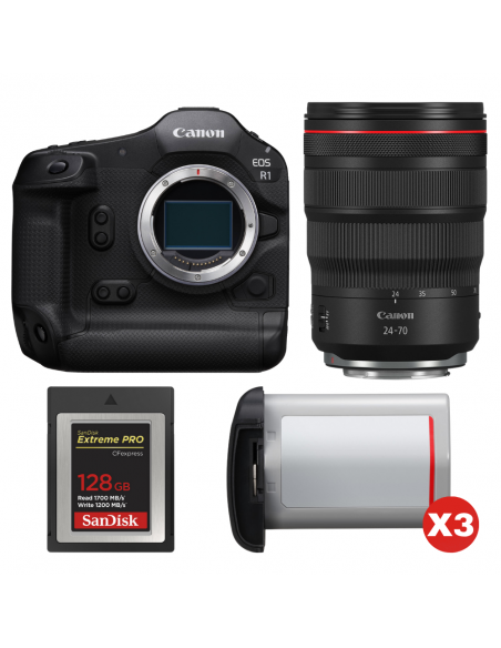 Canon EOS R1 + RF 24-70mm f/2.8 L IS USM + 1 SanDisk 128GB Extreme PRO CFexpress Type B + 3 Canon LP-E19|MCZ DIRECT