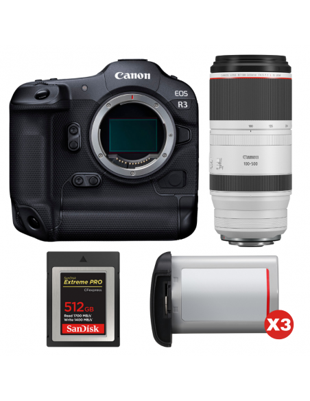 Canon EOS R3 + RF 100-500mm f/4.5-7.1 L IS USM + 1 SanDisk 512GB Extreme PRO CFexpress Type B + 3 Canon LP-E19|MCZ DIRECT