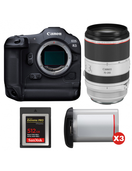 Canon EOS R3 + RF 70-200mm f/2.8 L IS USM + 1 SanDisk 512GB Extreme PRO CFexpress Type B + 3 Canon LP-E19|MCZ DIRECT