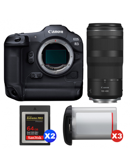 Canon EOS R3 + RF 100-400mm f/5.6-8 IS USM + 2 SanDisk 64GB Extreme PRO CFexpress Type B + 3 Canon LP-E19|MCZ DIRECT