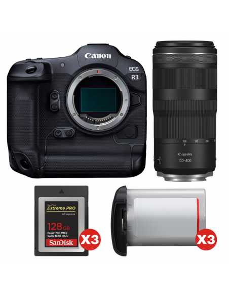 Canon EOS R3 + RF 100-400mm f/5.6-8 IS USM + 3 SanDisk 128GB Extreme PRO CFexpress Type B + 3 Canon LP-E19|MCZ DIRECT