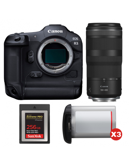 Canon EOS R3 + RF 100-400mm f/5.6-8 IS USM + 1 SanDisk 256GB Extreme PRO CFexpress Type B + 3 Canon LP-E19|MCZ DIRECT