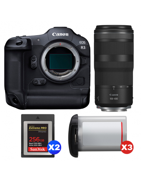Canon EOS R3 + RF 100-400mm f/5.6-8 IS USM + 2 SanDisk 256GB Extreme PRO CFexpress Type B + 3 Canon LP-E19|MCZ DIRECT