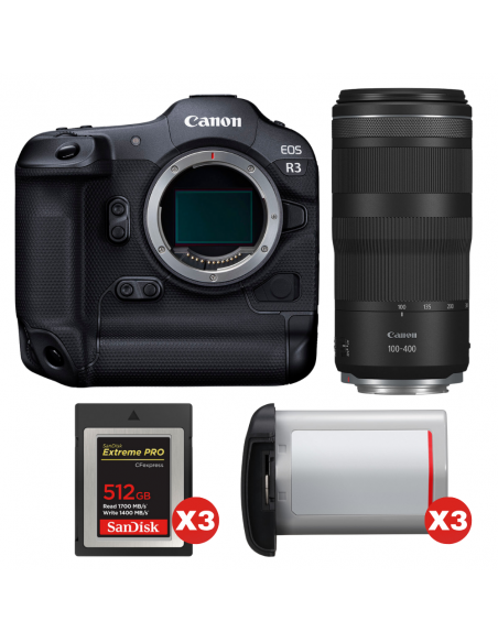 Canon EOS R3 + RF 100-400mm f/5.6-8 IS USM + 3 SanDisk 512GB Extreme PRO CFexpress Type B + 3 Canon LP-E19|MCZ DIRECT