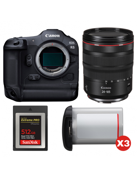 Canon EOS R3 + RF 24-105mm f/4 L IS USM + 1 SanDisk 512GB Extreme PRO CFexpress Type B + 3 Canon LP-E19|MCZ DIRECT