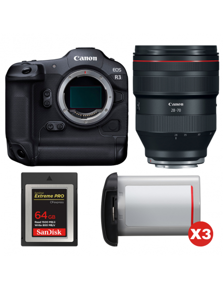 Canon EOS R3 + RF 28-70mm f/2 L USM + 1 SanDisk 64GB Extreme PRO CFexpress Type B + 3 Canon LP-E19|MCZ DIRECT