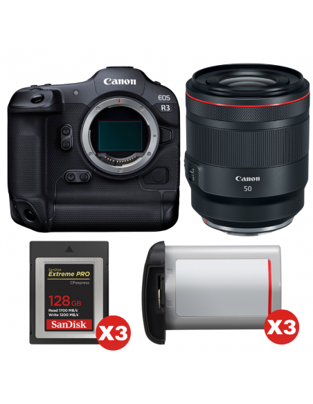 Canon EOS R3 + RF 50mm f/1.2 L USM + 3 SanDisk 128GB Extreme PRO CFexpress Type B + 3 Canon LP-E19|MCZ DIRECT