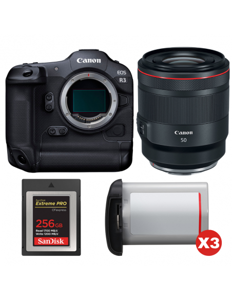 Canon EOS R3 + RF 50mm f/1.2 L USM + 1 SanDisk 256GB Extreme PRO CFexpress Type B + 3 Canon LP-E19|MCZ DIRECT