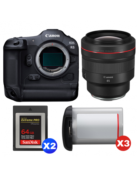 Canon EOS R3 + RF 85mm f/1.2 L USM + 2 SanDisk 64GB Extreme PRO CFexpress Type B + 3 Canon LP-E19|MCZ DIRECT