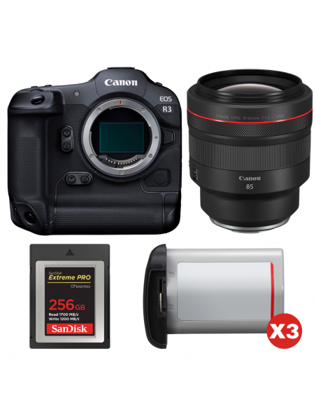 Canon EOS R3 + RF 85mm f/1.2 L USM + 1 SanDisk 256GB Extreme PRO CFexpress Type B + 3 Canon LP-E19|MCZ DIRECT