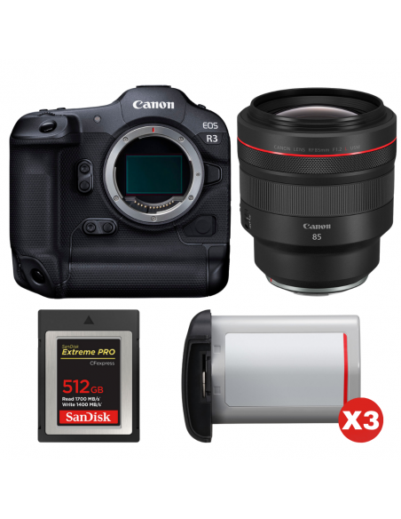 Canon EOS R3 + RF 85mm f/1.2 L USM + 1 SanDisk 512GB Extreme PRO CFexpress Type B + 3 Canon LP-E19|MCZ DIRECT