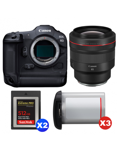 Canon EOS R3 + RF 85mm f/1.2 L USM + 2 SanDisk 512GB Extreme PRO CFexpress Type B + 3 Canon LP-E19|MCZ DIRECT
