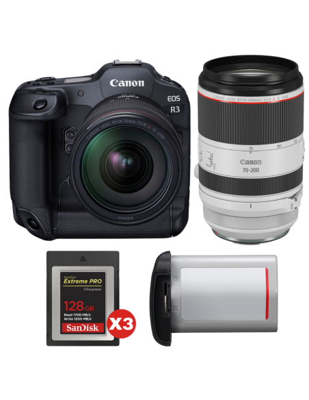 Canon EOS R3 + RF 24-70mm f/2.8 L IS USM + RF 70-200mm f/2.8 L IS USM + 3 SanDisk 128GB Extreme PRO CFexpress Type B + Canon LP-|MCZ DIRECT