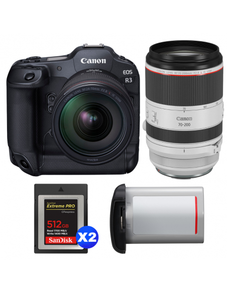Canon EOS R3 + RF 24-70mm f/2.8 L IS USM + RF 70-200mm f/2.8 L IS USM + 2 SanDisk 512GB Extreme PRO CFexpress Type B + Canon LP-|MCZ DIRECT