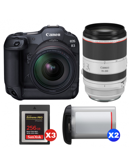 Canon EOS R3 + RF 24-70mm f/2.8 L IS USM + RF 70-200mm f/2.8 L IS USM + 3 SanDisk 256GB Extreme PRO CFexpress Type B + 2 Canon L|MCZ DIRECT