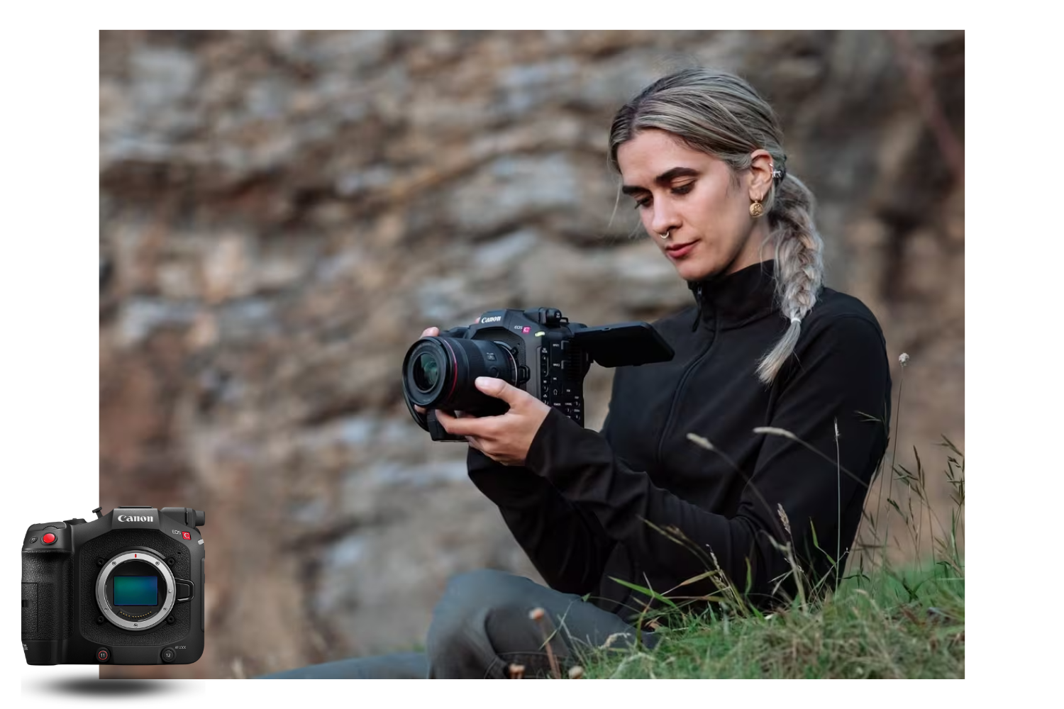 Person using a Canon EOS C80 camera with lens in the field